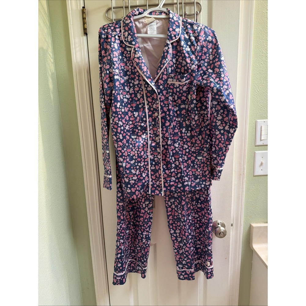 Munki Munki Women's Pajamas Sz S Satin Floral Wine Mimosa Champagne Sleep Set PJ